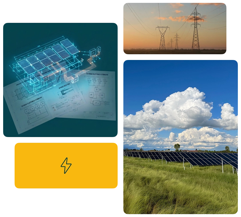 Collage di immagini legate all'energia: progettazione impianto, linea elettrica, impianto a terra.