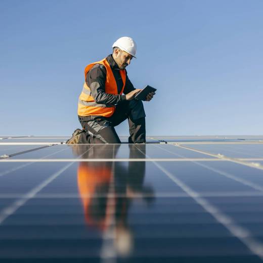 A worker kneeling on the roof and checking on solar panels.